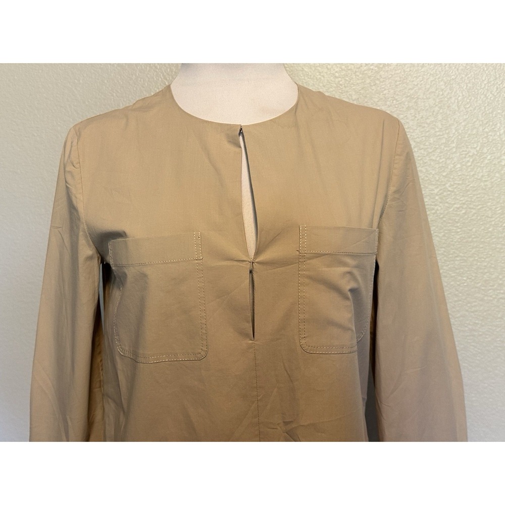 Theory Jullitah B Split-Front Poplin Tunic Dress 3/4 Sleeve Tan Pockets Size 2 - Picture 3 of 11